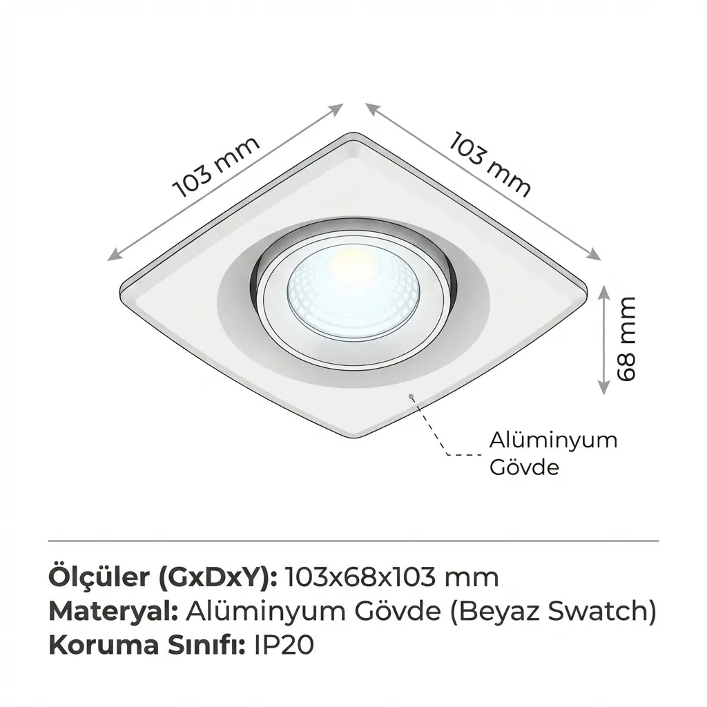 ACK 8W Hareketli Sıva Altı Kare Led Spot 6500K | Sıva Altı