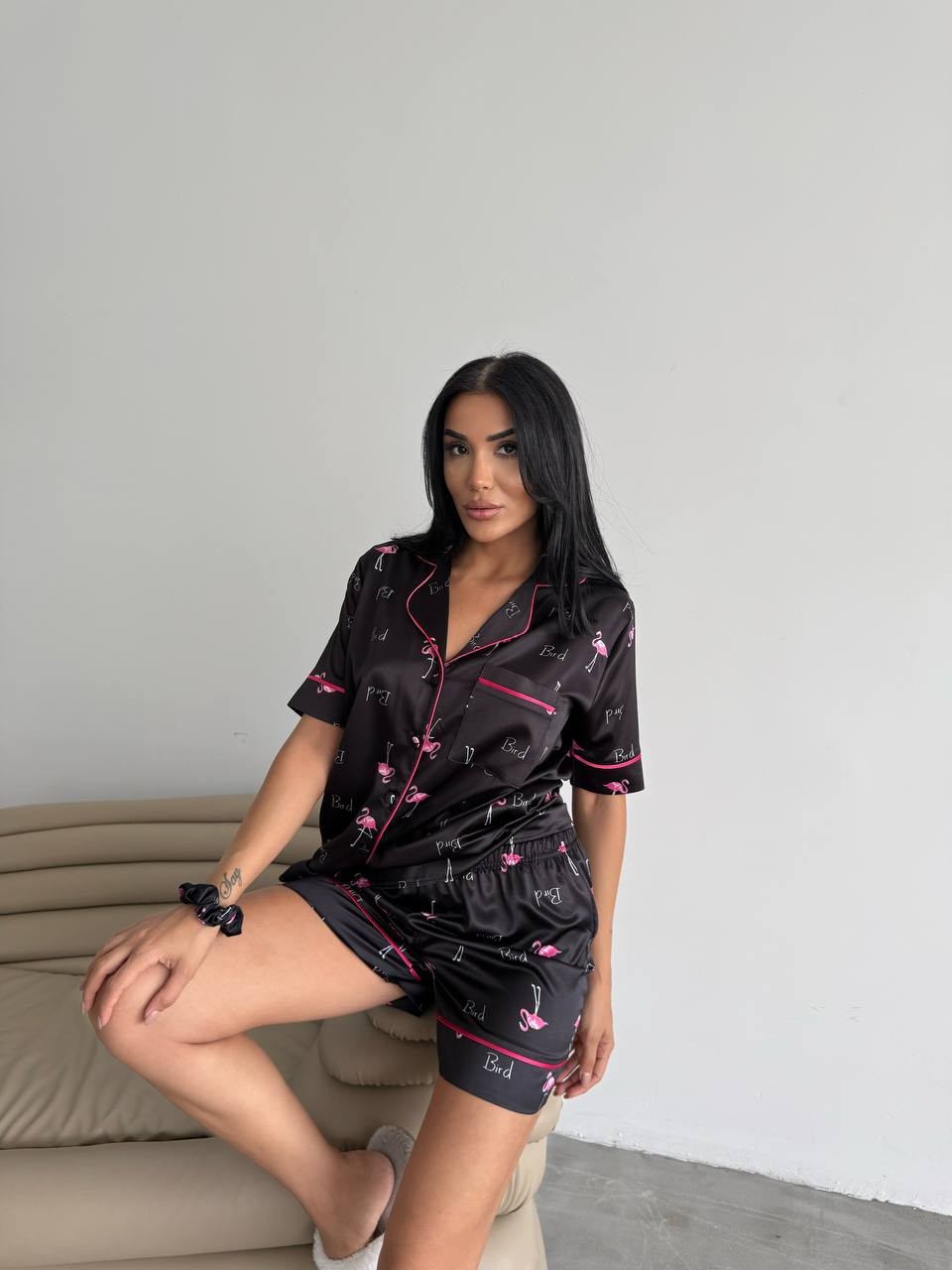 Şortlu Saten Pijama - Flamingo Siyah
