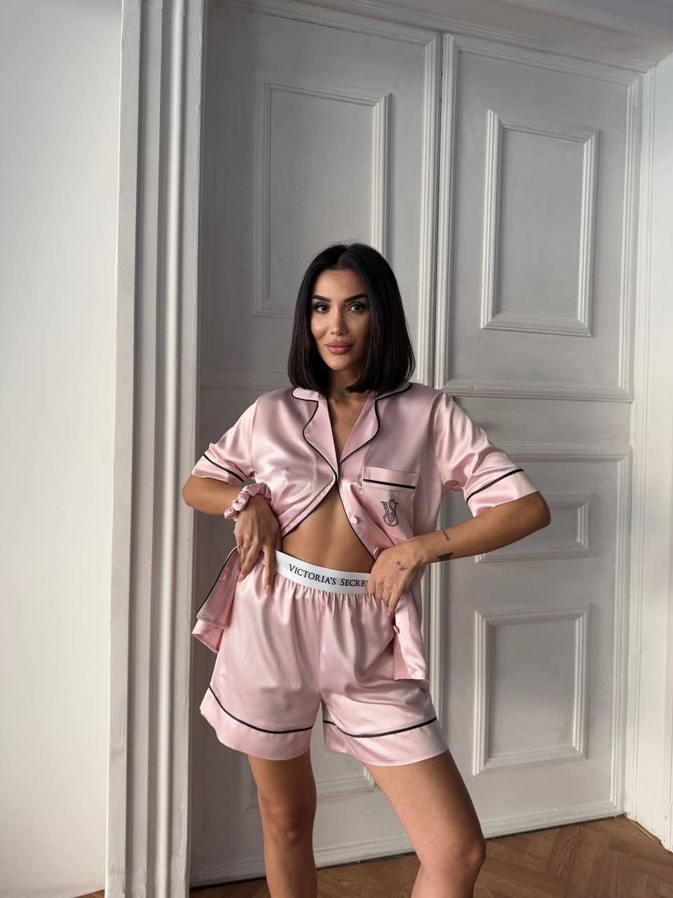 Şortlu Saten Pijama - Pudra