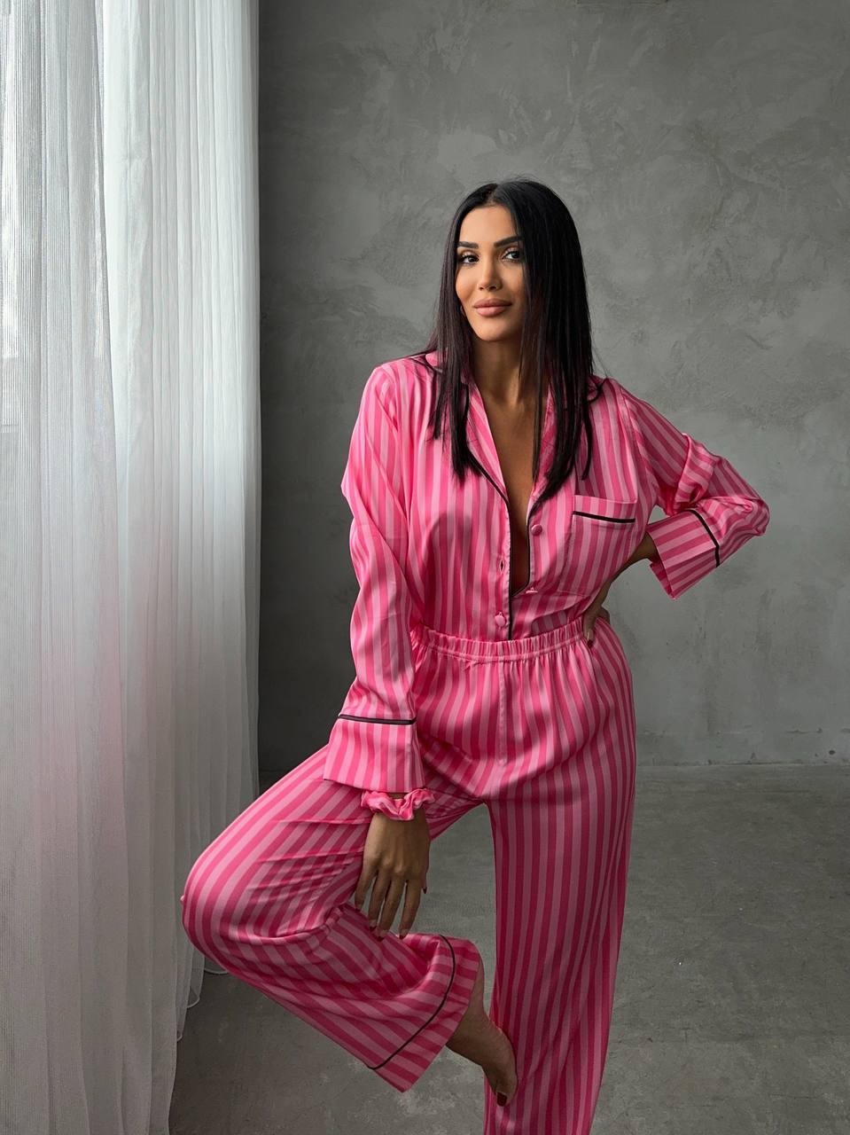 İpek Saten Pijama Takımı - Çizgili Pembe