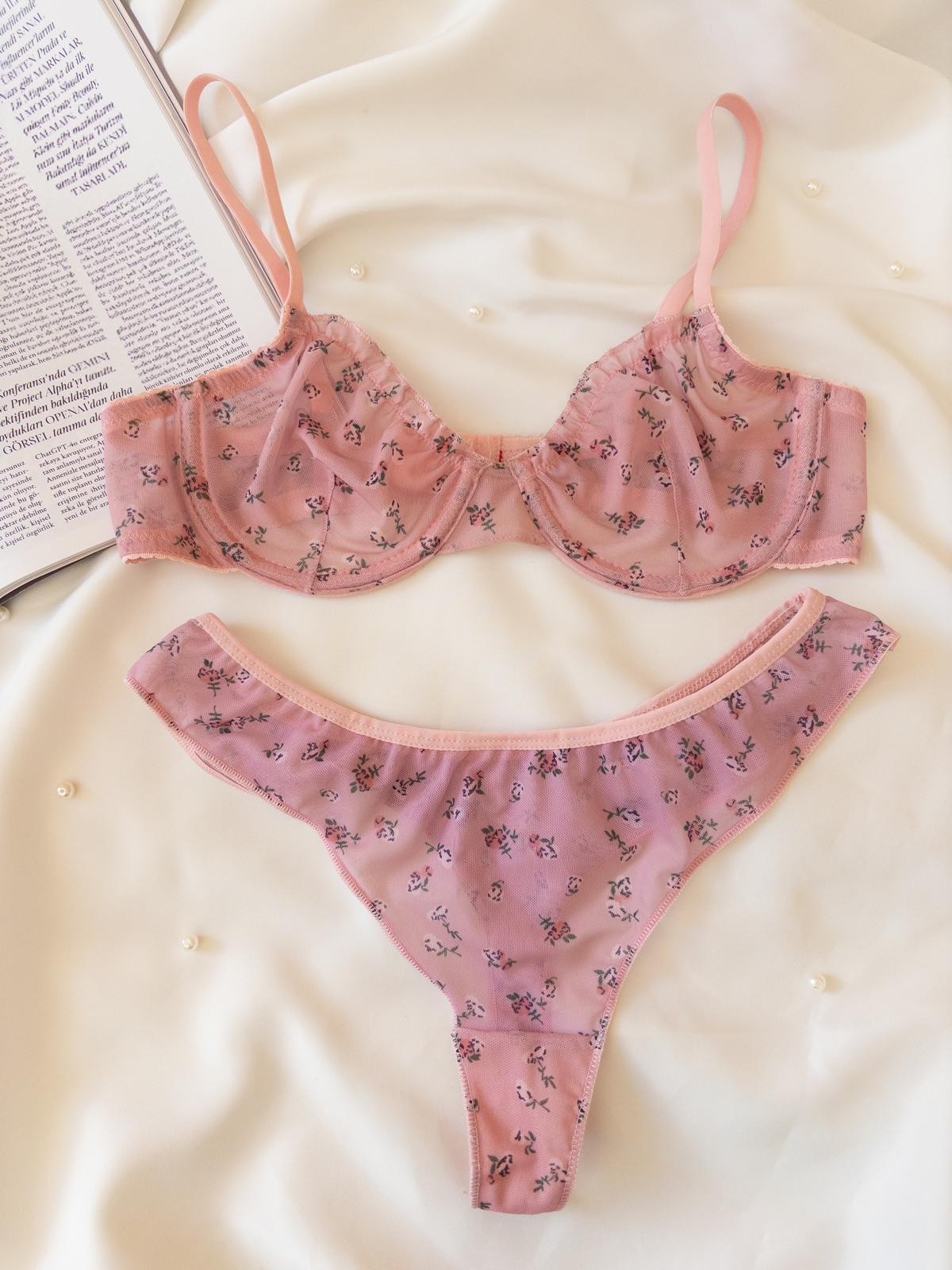 Fırfırlı Transparan Çiçekli Bralet Takım - Pembe