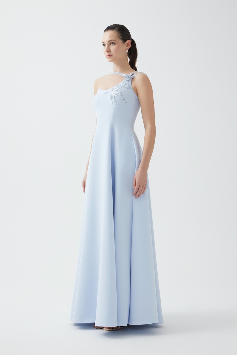 R96 - One-Shoulder Strap, Hand-Embroidered Neckline and Straps, Pockets, Flared Skirt, Full-Length Dress