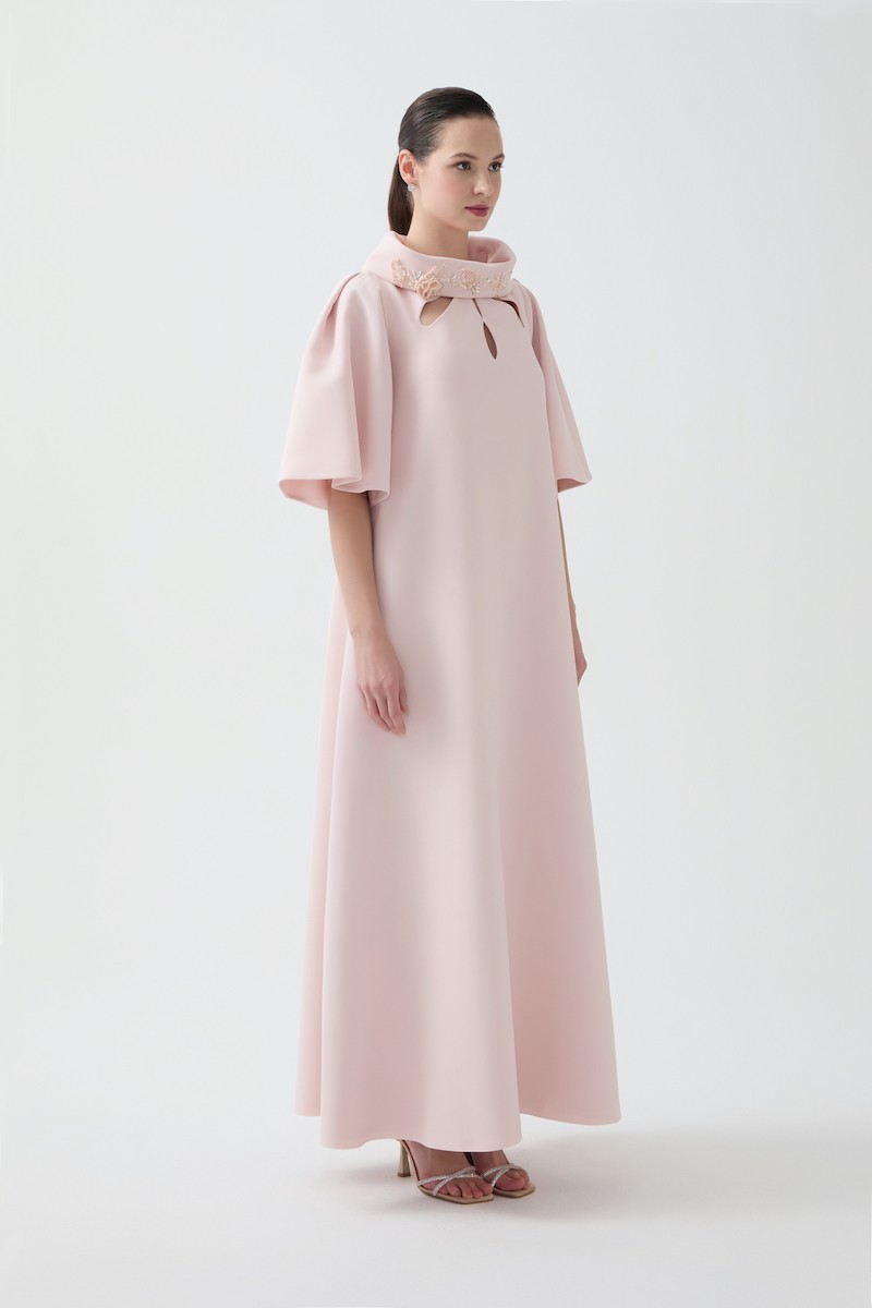 R84 - Ruffled Sleeves, Hand-Embroidered High Collar, Front Keyhole Cut-Out, Loose Fit, Pockets, Full-Length Dress