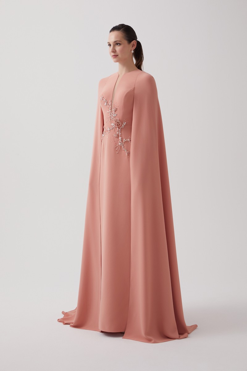 R102 - Deep V-Neckline, Long Cape Sleeves, Hand-Embroidered Front Detail, Back Slit, A-Line, Full-Length Dress