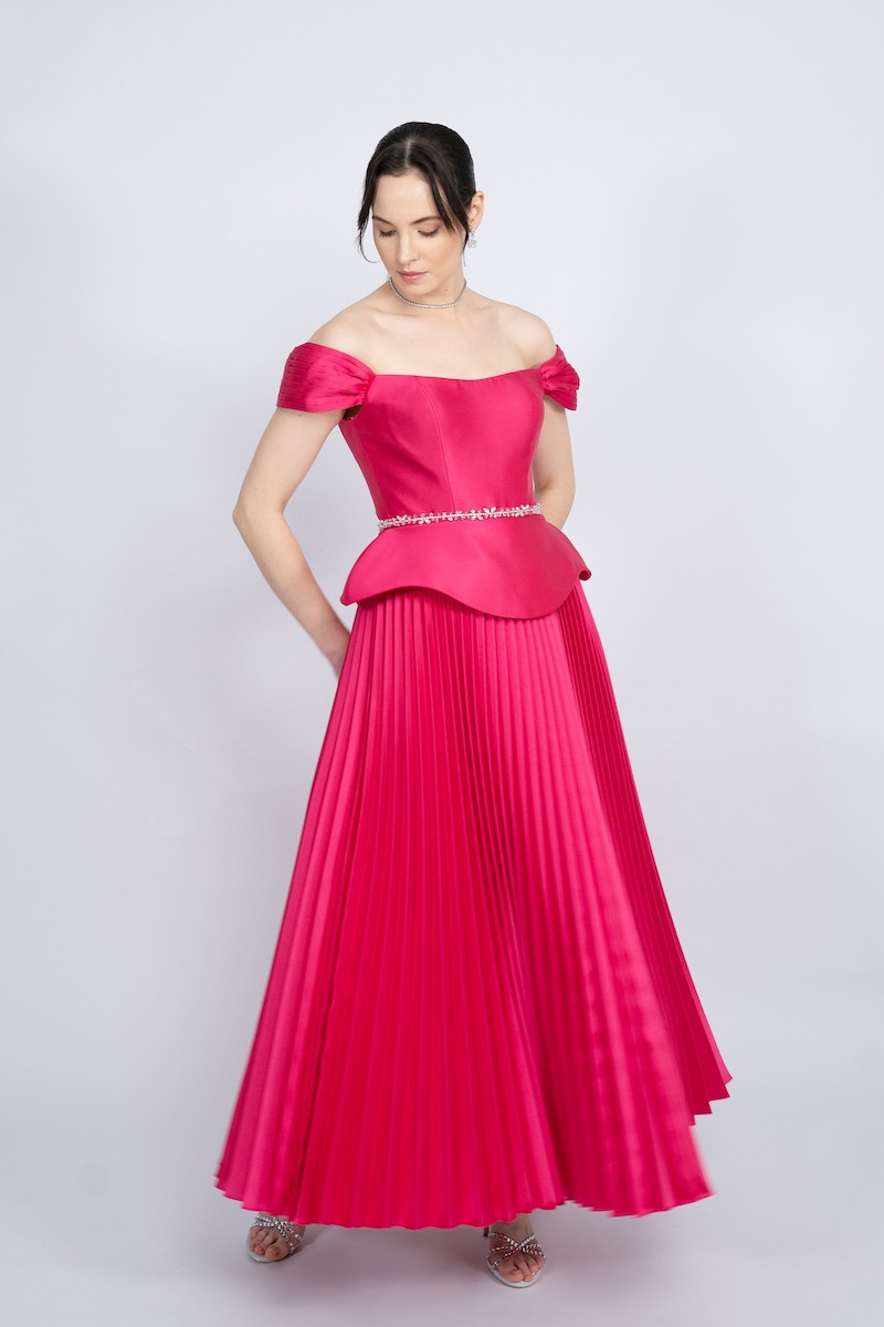 R52 - Boat Neck, Off-Shoulder, Corseted Bodice, Peplum Waist, Pleated Skirt, Detachable Embellished Belt, Maxi Dress