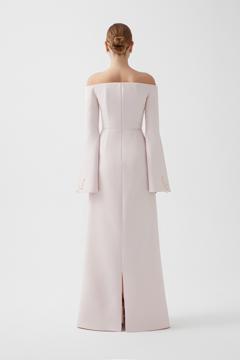 R120 - Off-Shoulder, V-Neckline, Bell Sleeves with Slits and Hand-Embroidered Details, Removable Hand-Embroidered Belt, Back Slit, A-Line, Full-Length Dress