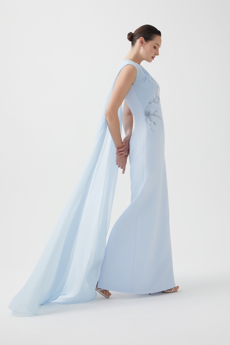 R105 - Crew Neckline, Front Chiffon Pleats, Chiffon Cape at the Back, Hand-Embroidered Front Details, Back Slit, Straight Cut, Full-Length Dress