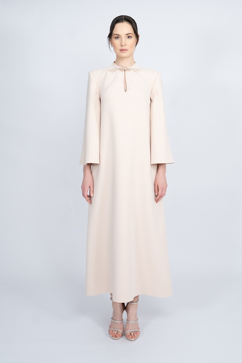 R62 - Padded Shoulders, Bicycle Collar, Keyhole Neckline, Hand-Embroidered, Ruffle Sleeves, A-line, Long Dress