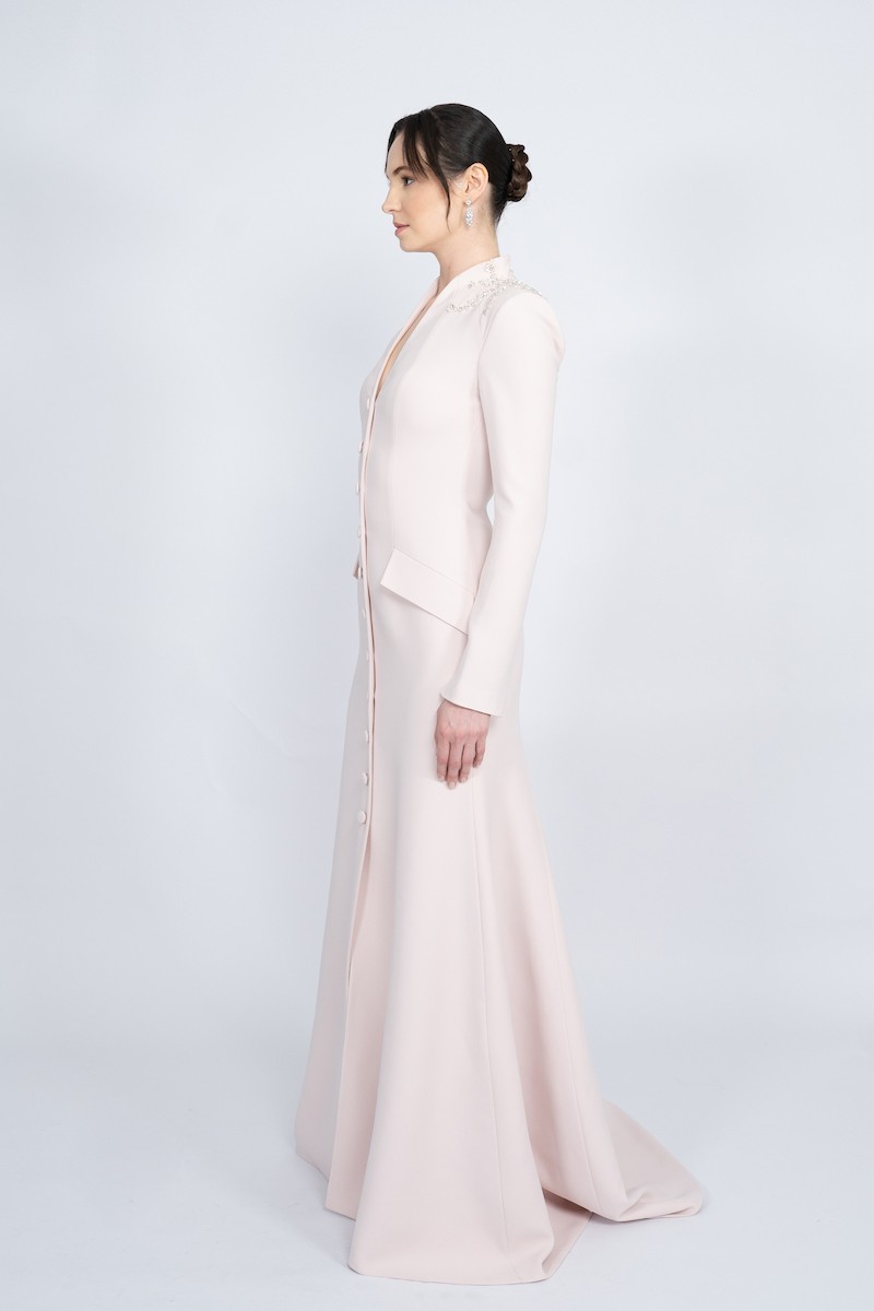 R64 - Straight Collar, Padded Shoulder, Front Closed and Buttoned, Front Slit, Back with Short Tail, Fish Tail Cut, Long Jacket Dress