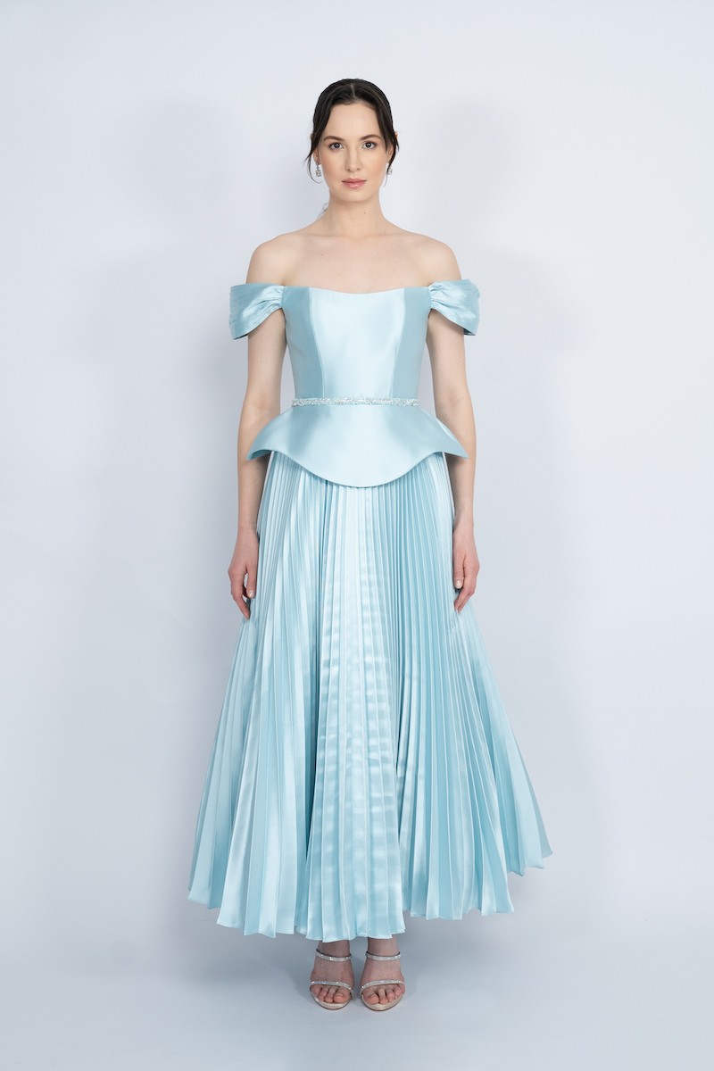 R52 - Boat Neck, Off-Shoulder, Corseted Bodice, Peplum Waist, Pleated Skirt, Detachable Embellished Belt, Maxi Dress