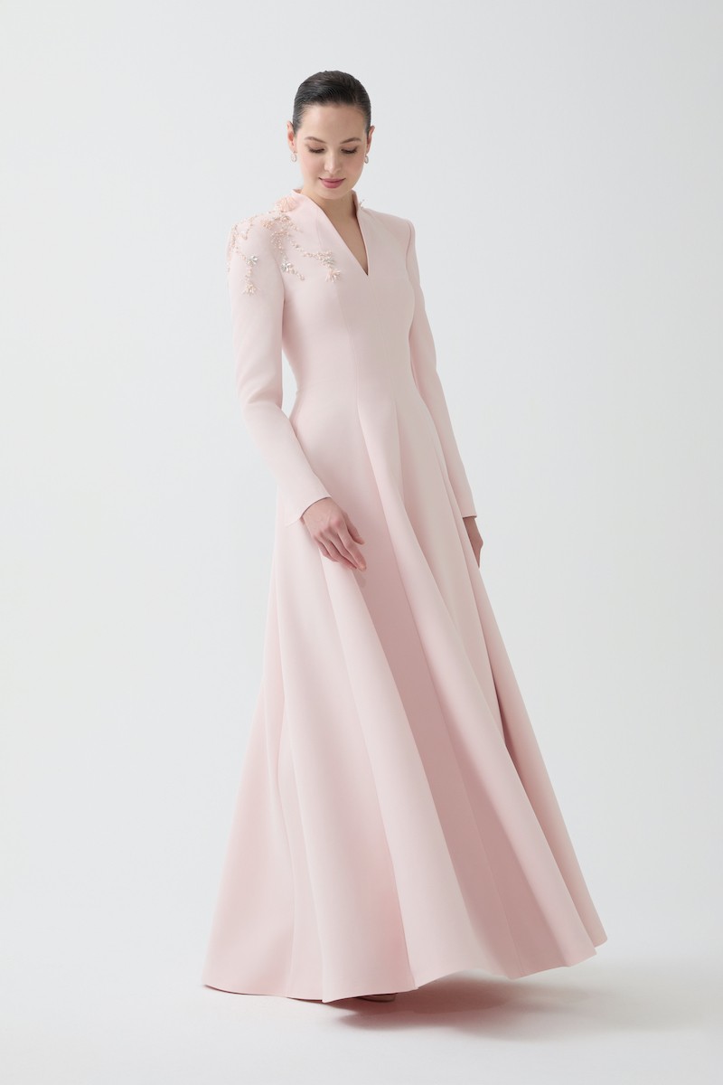 R85 - High V-Neck, Padded Shoulders, Long Sleeves, Embroidered Shoulder Details, Paneled Flared Skirt, Pockets, Full-Length Dress