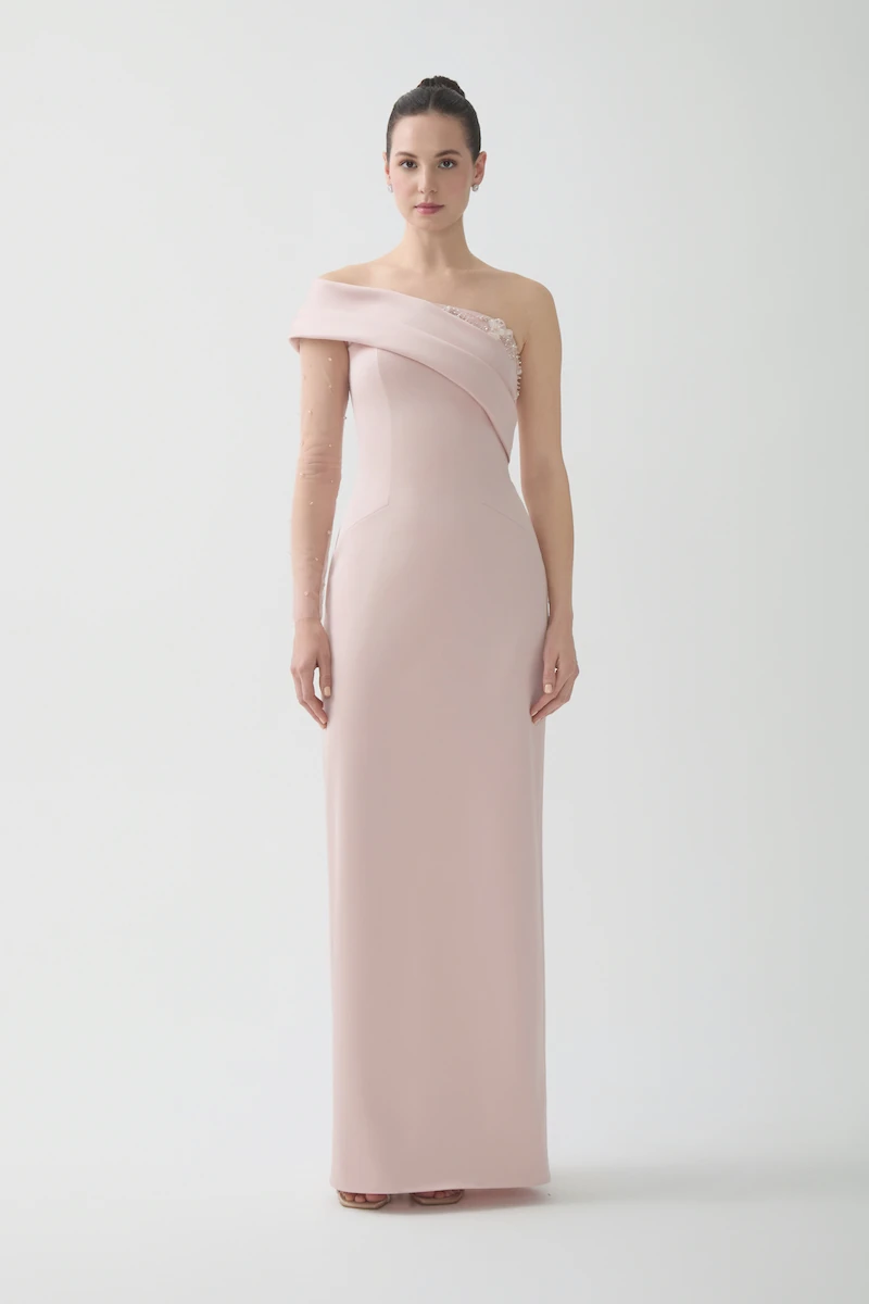 R130 - Asymmetrical One-Shoulder, Sheer Single Sleeve, Hand-Embroidered, Back Slit, Straight Cut, Full-Length Dress