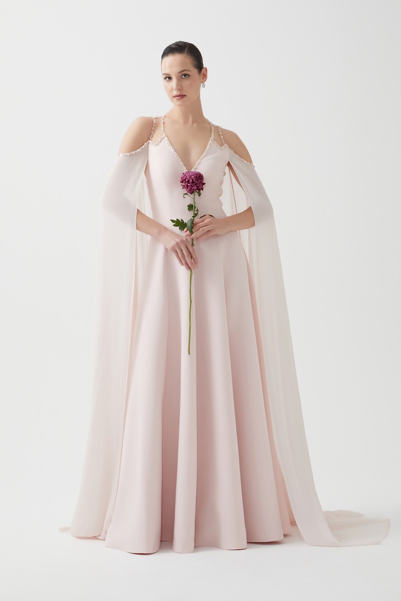 R110 - V-Neckline, Sheer Shoulders, Chiffon Cape on Sleeves and Back, Hand-Embroidered Neckline and Sleeve Edges, Paneled Flared Cut, Full-Length Dress