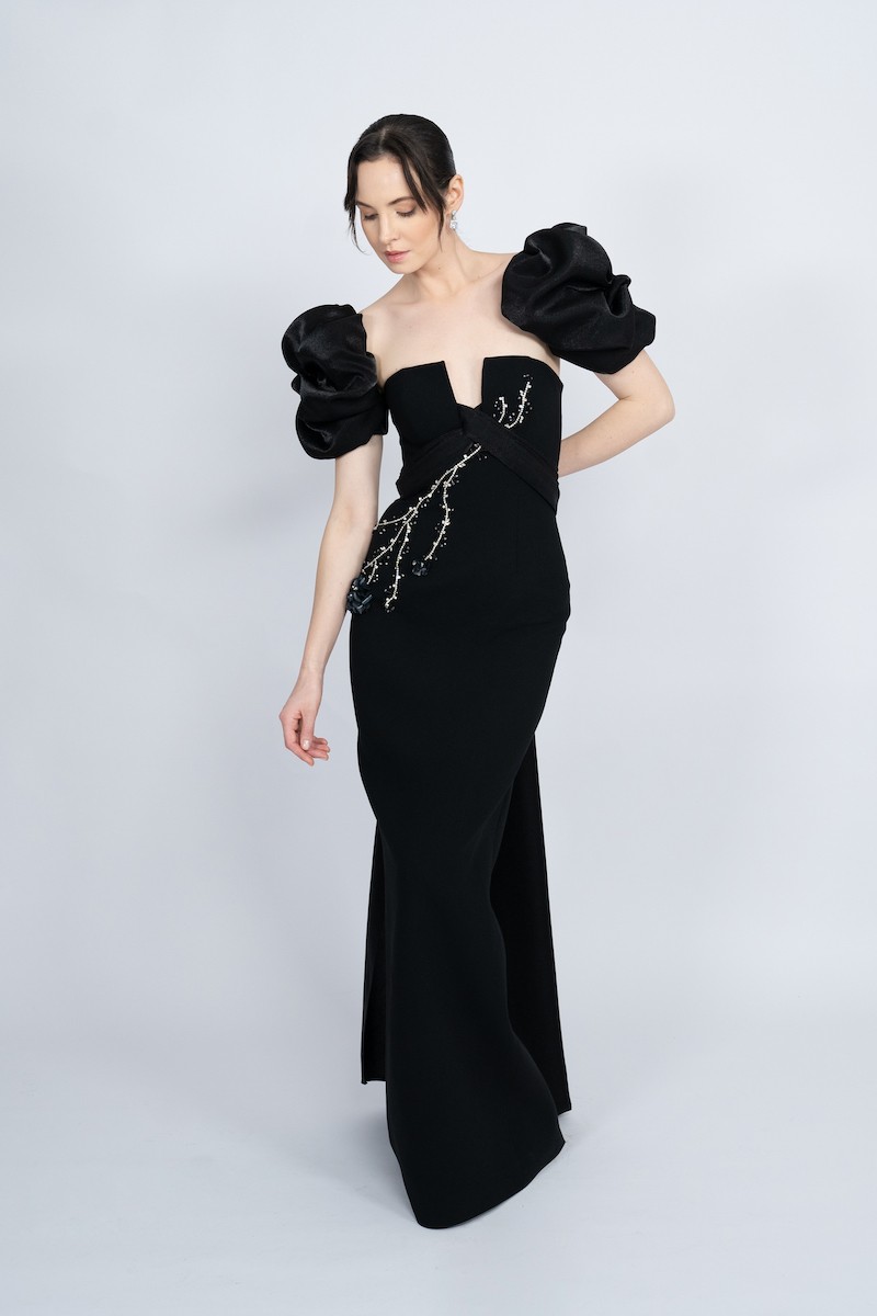 R55 - Balloon Sleeve, V-Neckline, Waistband from Bust to Back, Embellished, Back Slit, Straight Cut, Long Dress