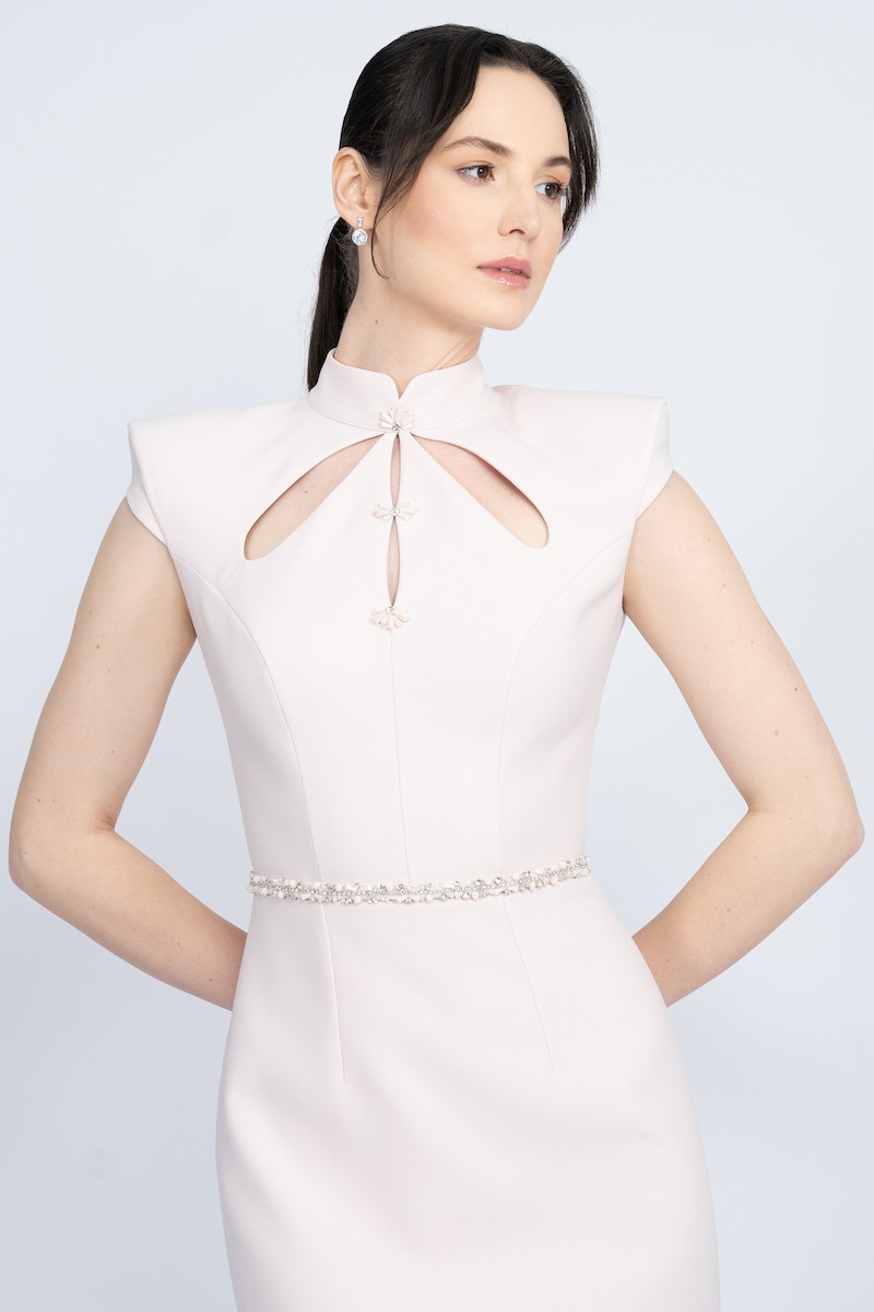 R51 - Mandarin Collar, Padded Shoulders, Plunging Neckline, Stone Embellished Front, Detachable Embellished Belt, Back Slit, Straight Cut, Maxi Dress