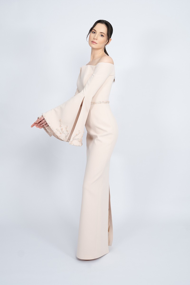 R54 - Off-Shoulder, V-Neckline, Spanish Sleeve, Sleeves with Slit and Embellishment, Detachable Embellished Belt, Back Slit, Straight Cut, Long Dress