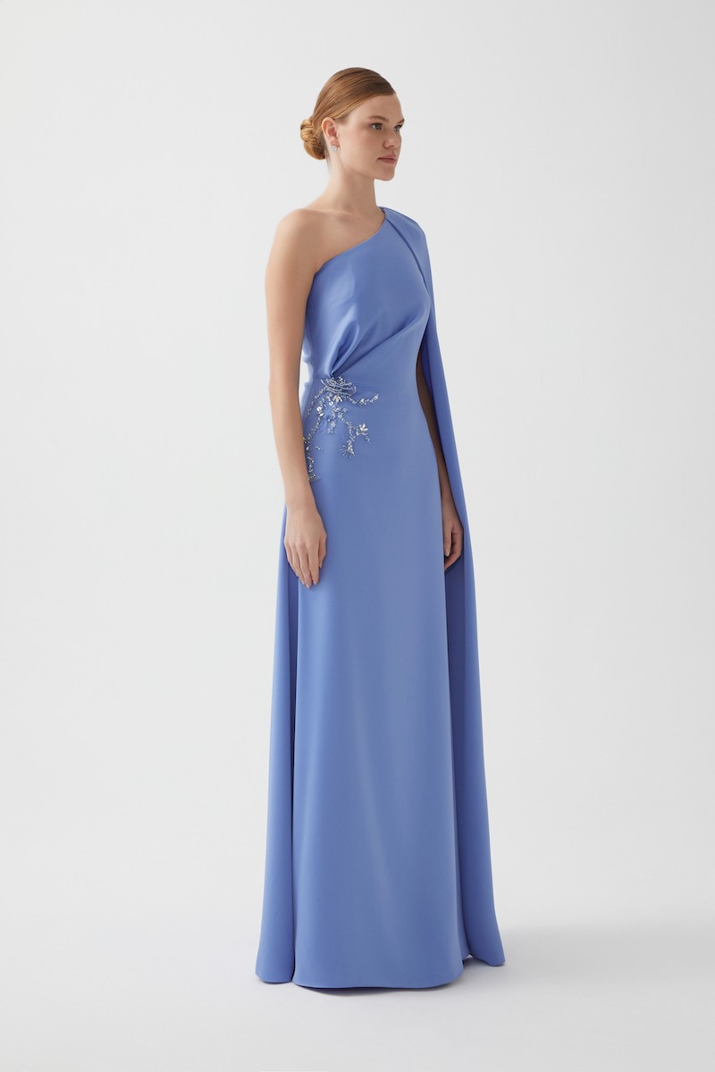 R113 - One Shoulder, Side Pleat Detail, Cape on Shoulder, Hand-Embroidered Front, Loose Fit, Full-Length Dress