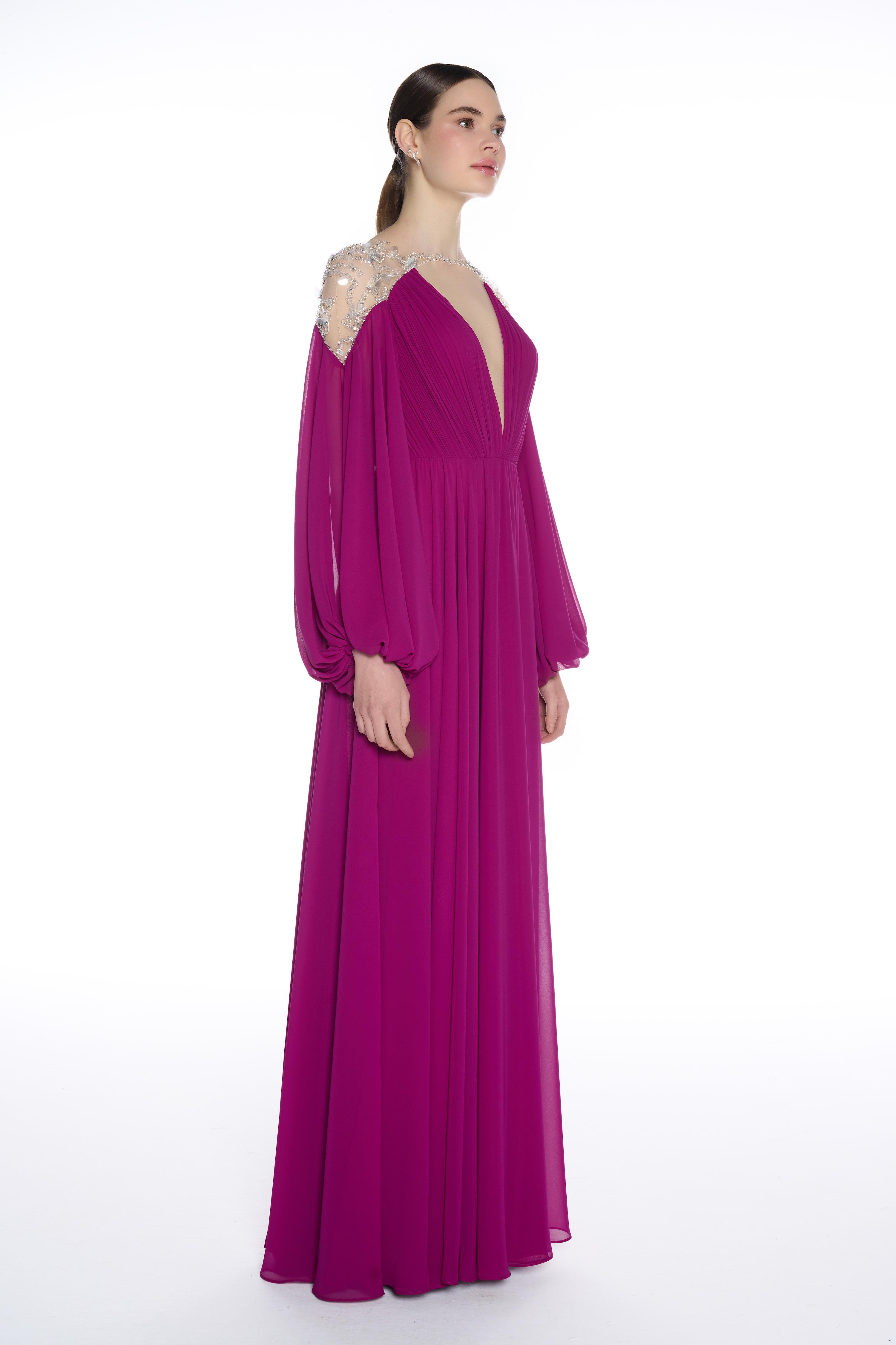 R29 - Deep V-neckline, Shoulders Embellished with Swarovski Stones and Beads, Balloon Sleeves, Draped, Floor-length Dress