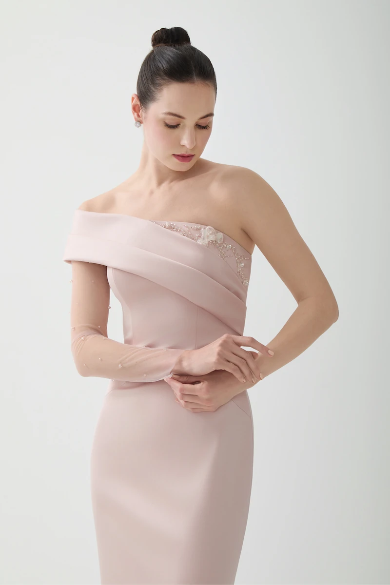 R130 - Asymmetrical One-Shoulder, Sheer Single Sleeve, Hand-Embroidered, Back Slit, Straight Cut, Full-Length Dress