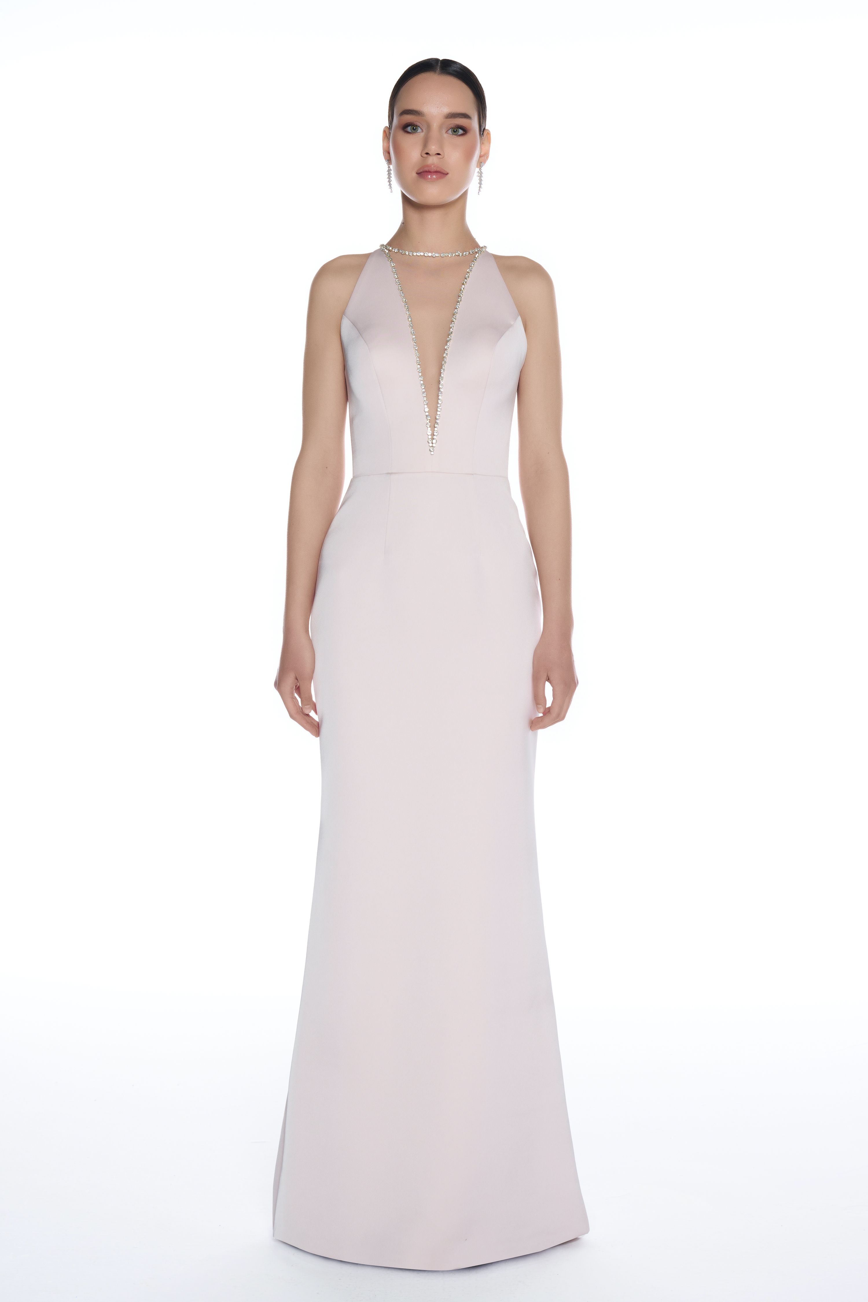 R41 - Deep V-Neck, Stone Hand Embroidery Detailing on the Collar, Long Dress