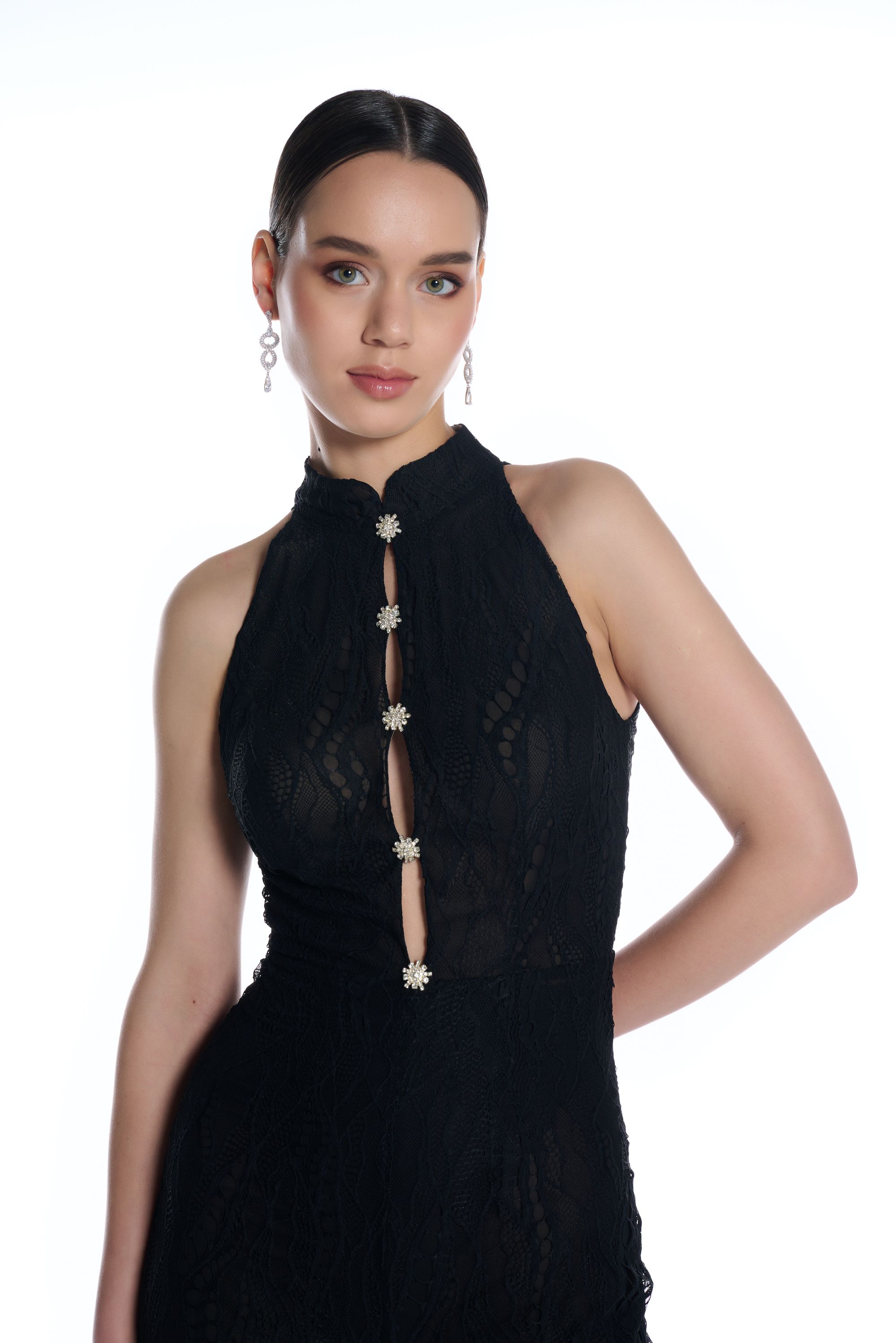 R12 - Mandarin Collar, Halter Shoulders, Front Keyhole with Drop Detail, Stone Button Accents, All Over Lace, Jumpsuit