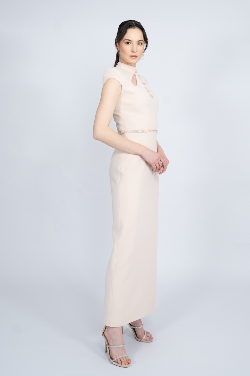 R51 - Mandarin Collar, Padded Shoulders, Plunging Neckline, Stone Embellished Front, Detachable Embellished Belt, Back Slit, Straight Cut, Maxi Dress