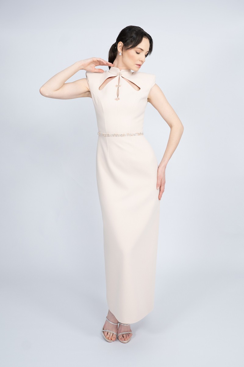 R51 - Mandarin Collar, Padded Shoulders, Plunging Neckline, Stone Embellished Front, Detachable Embellished Belt, Back Slit, Straight Cut, Maxi Dress