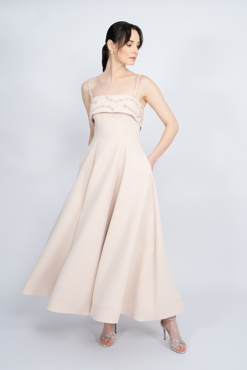 R56 - Strap Shoulder, Strapless Neckline, Bust and Straps Embellished, Hidden Pocket, Flared Cut , Maxi Dress