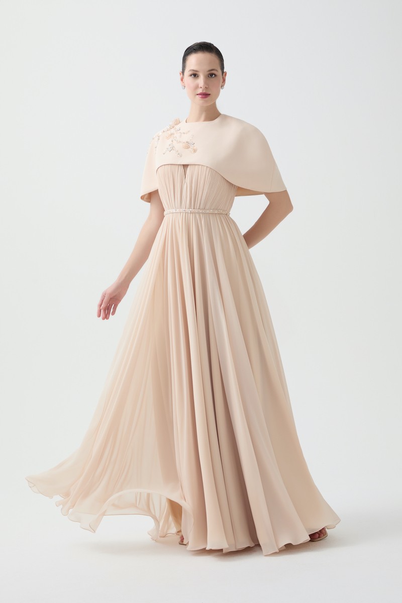 R94 - V-Neckline, Wrinkled Pleats, Removable Hand-Embroidered Cape and Belt Details, Flared Skirt, Full-Length Dress