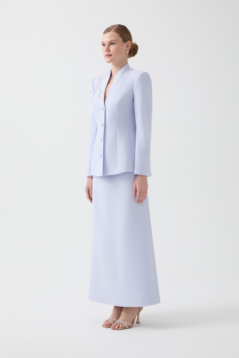 R116 - High V-Neckline, Padded Shoulders, Long Sleeves, Embroidered Shoulder Details, Fabric-Covered Front Buttons, A-Line Cut, Two-Piece Suit