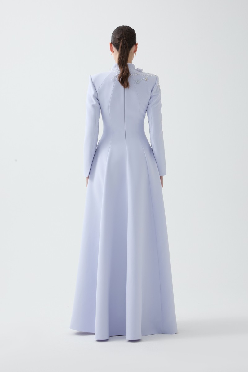 R85 - High V-Neck, Padded Shoulders, Long Sleeves, Embroidered Shoulder Details, Paneled Flared Skirt, Pockets, Full-Length Dress