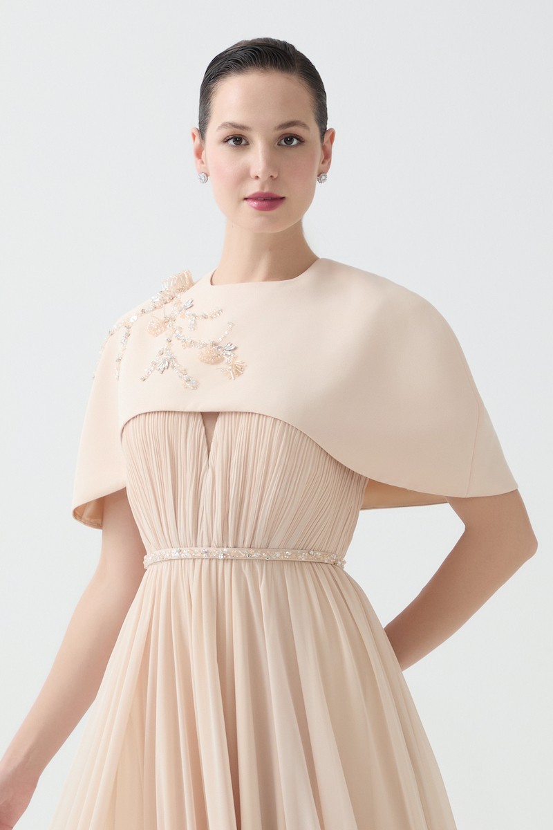 R94 - V-Neckline, Wrinkled Pleats, Removable Hand-Embroidered Cape and Belt Details, Flared Skirt, Full-Length Dress