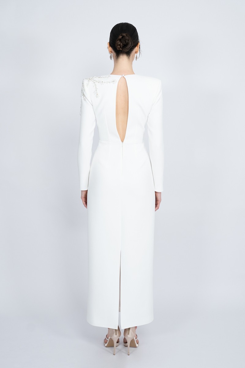 R48 - Straight Cut, Padded Shoulders, Crew Neck, Low Back, Hand Embroidered Shoulders and Sleeves, Slit at the Back, Maxi Dress