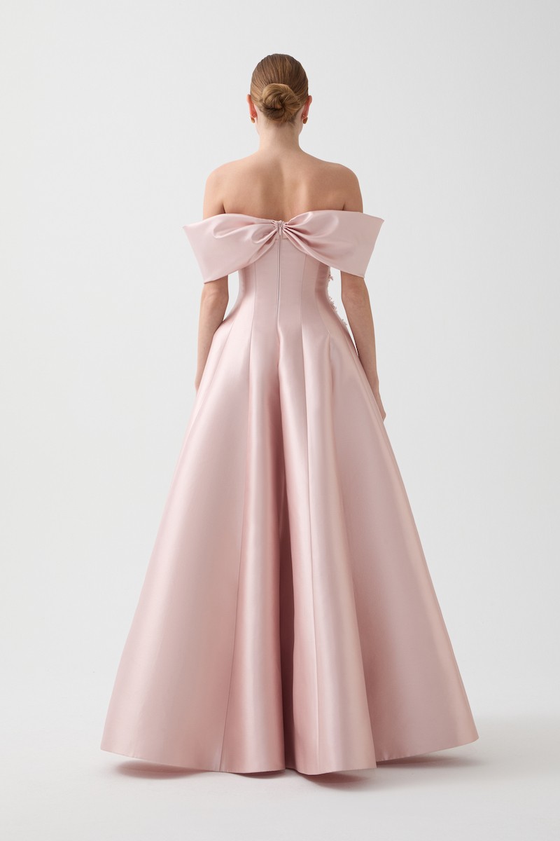 R122 - Strapless, Corset Bodice, Off-Shoulder Sleeves, Hand-Embroidered Front Details, Paneled Flared Cut, Full-Length Dress