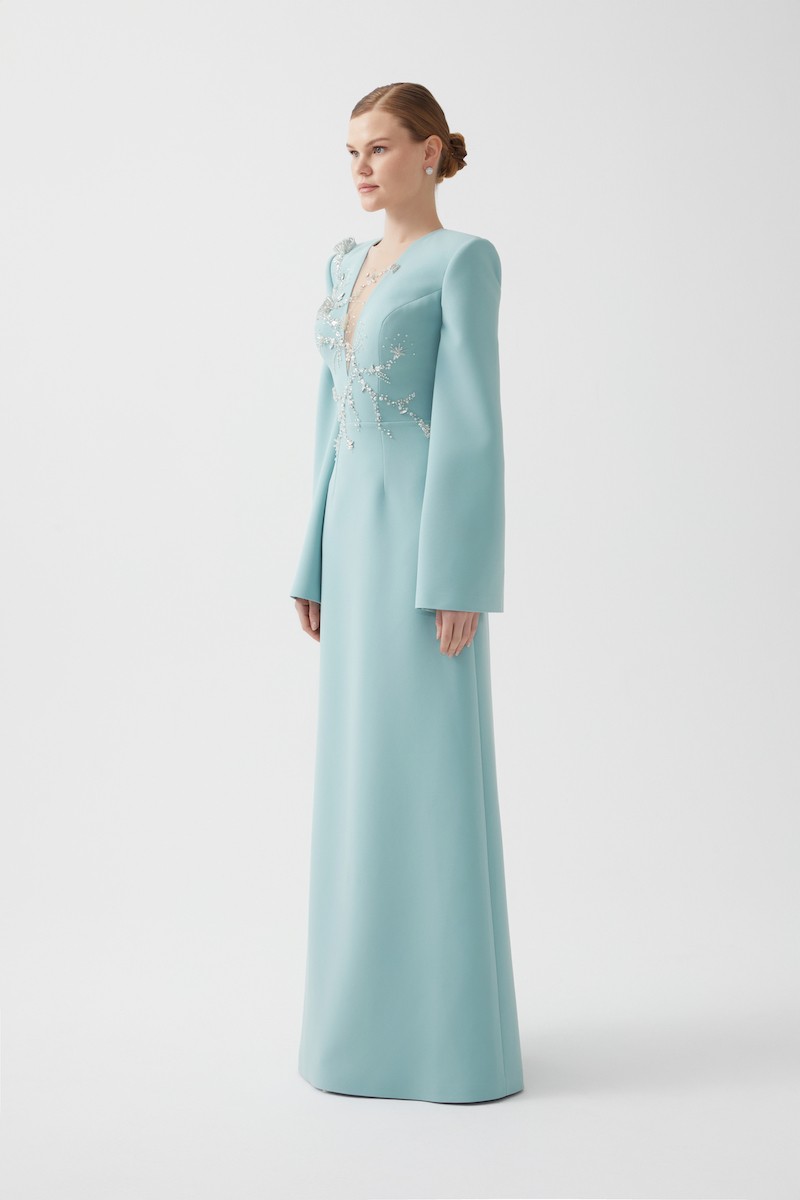 R101 - V-Neckline, Padded Shoulders, Hand-Embroidered Shoulder Details, Slit Ruffled Sleeves, Back Slit, A-Line, Full-Length Dress