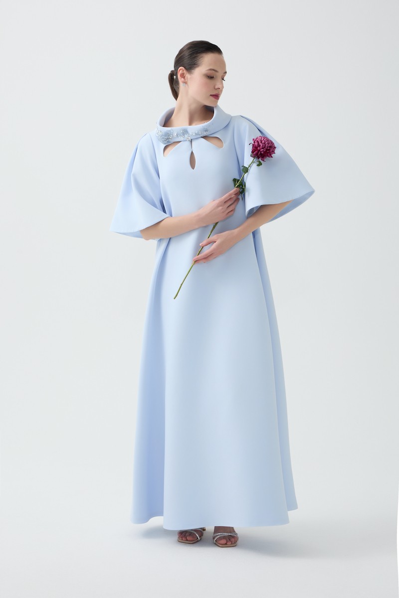 R84 - Ruffled Sleeves, Hand-Embroidered High Collar, Front Keyhole Cut-Out, Loose Fit, Pockets, Full-Length Dress