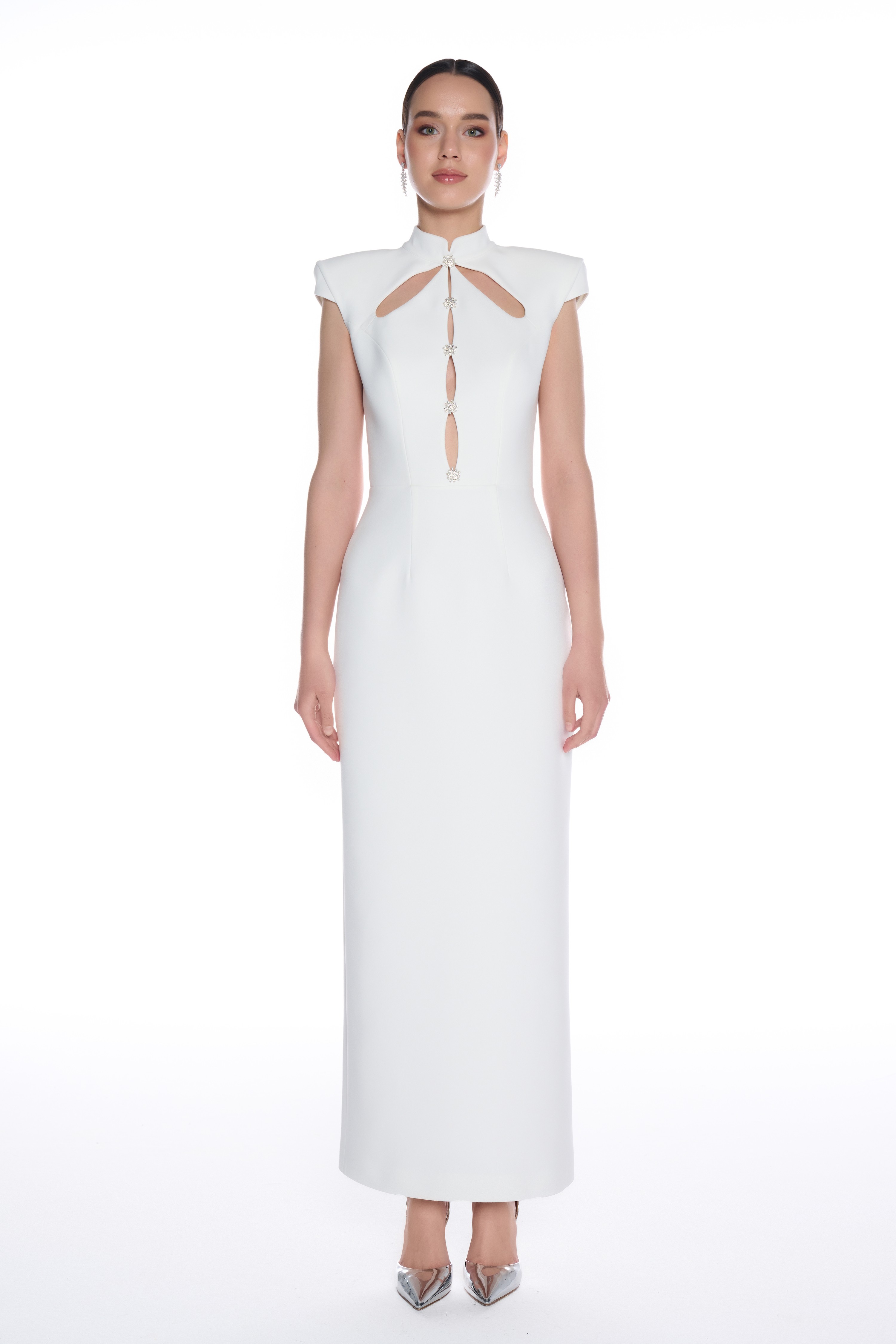 R05 - Shawl Collar, Padded Shoulders, Windowpane Neckline, Stone Hand-Embroidery Detail, Back Slit, Long Pencil Dress