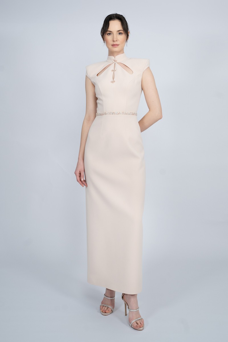 R51 - Mandarin Collar, Padded Shoulders, Plunging Neckline, Stone Embellished Front, Detachable Embellished Belt, Back Slit, Straight Cut, Maxi Dress