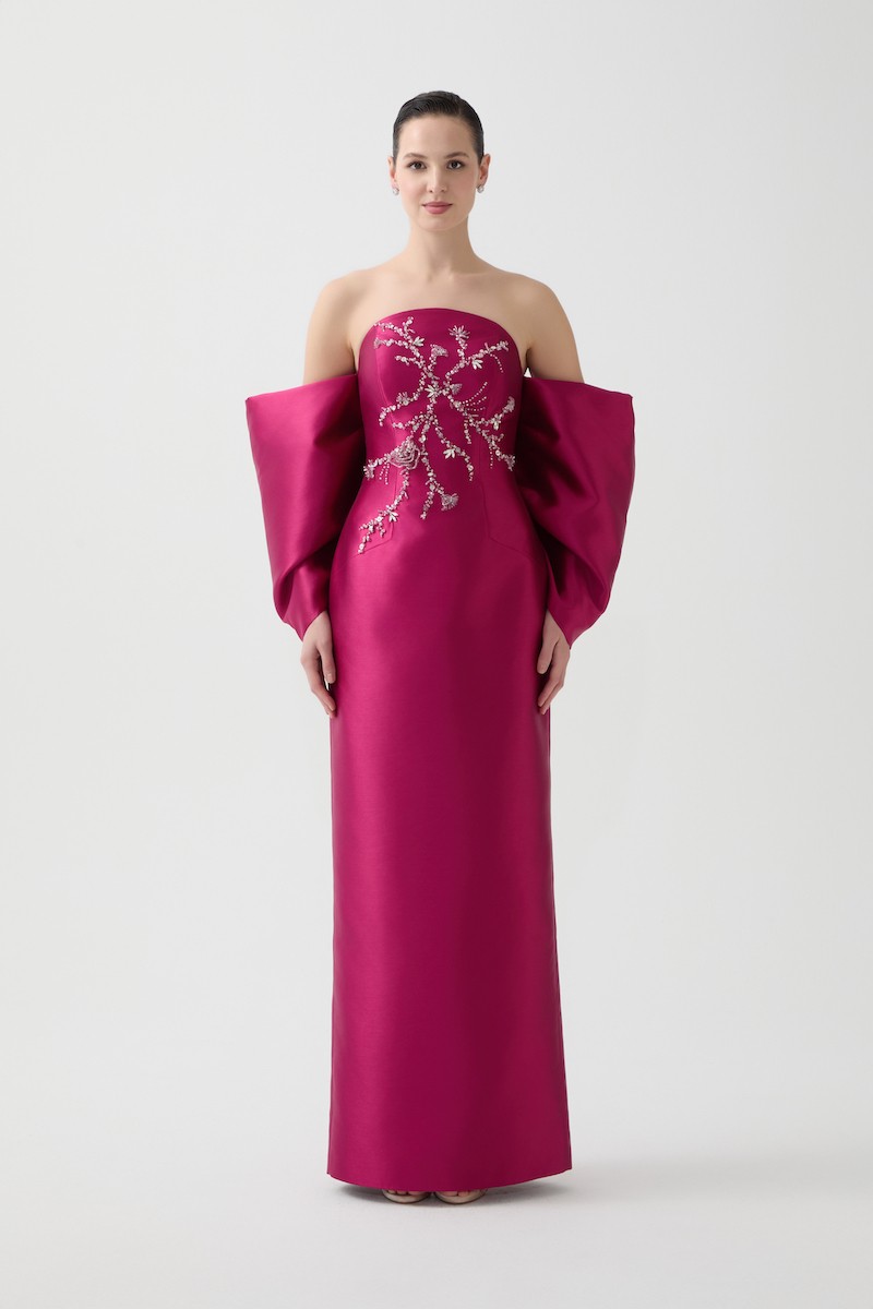 R109 - Strapless, Bow Sleeves, Hand-Embroidered Front Detail, Straight Cut, Back Slit, Full-Length Dress