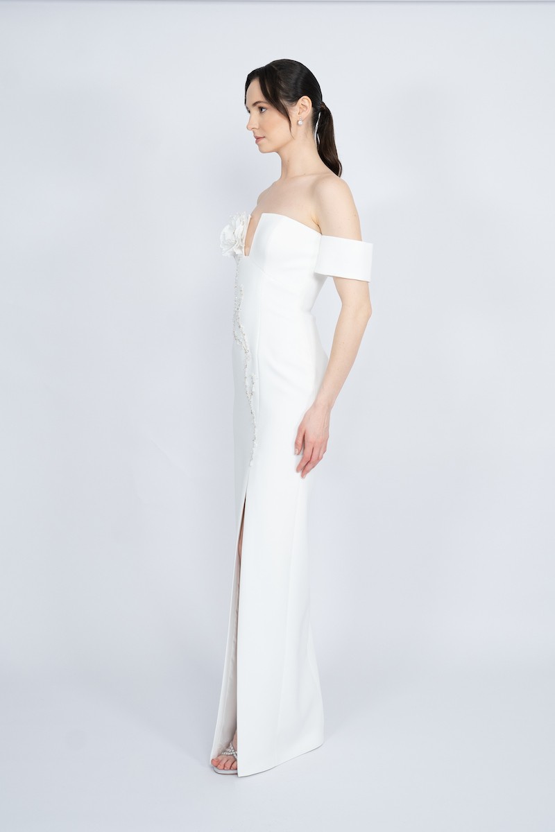 R57 - Off-Shoulder, V-Neckline, Front Slit, Handmade Floral Detail, Hand-Embellished, Straight Cut, Long Dress