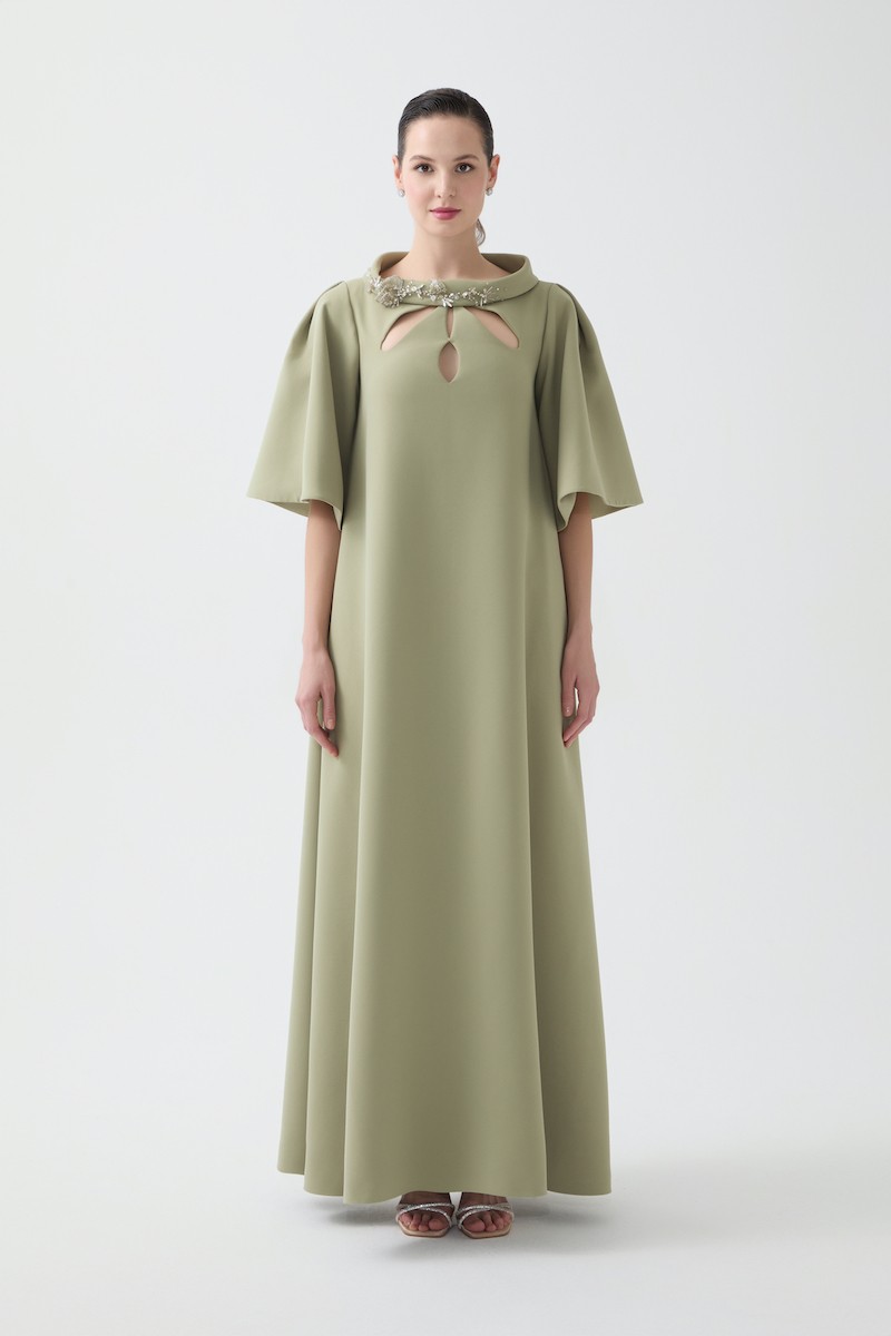 R84 - Ruffled Sleeves, Hand-Embroidered High Collar, Front Keyhole Cut-Out, Loose Fit, Pockets, Full-Length Dress