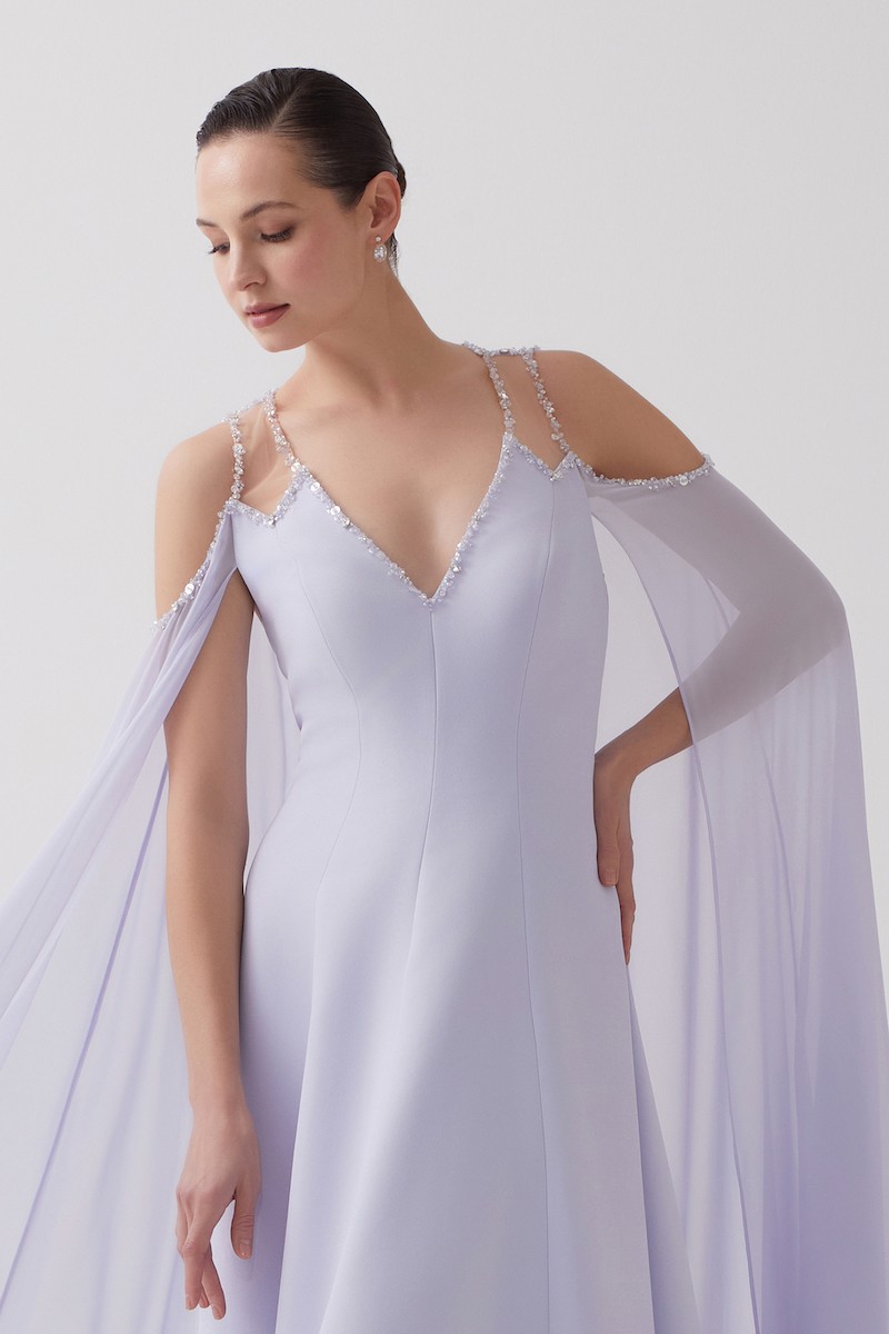 R110 - V-Neckline, Sheer Shoulders, Chiffon Cape on Sleeves and Back, Hand-Embroidered Neckline and Sleeve Edges, Paneled Flared Cut, Full-Length Dress