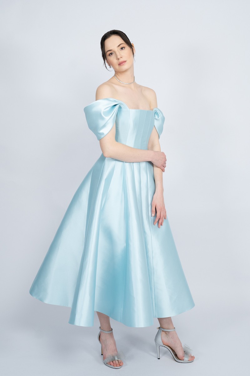 R53 - Straight Collar, Corseted Bodice, Off-Shoulder, Godet Skirt, Maxi Dress