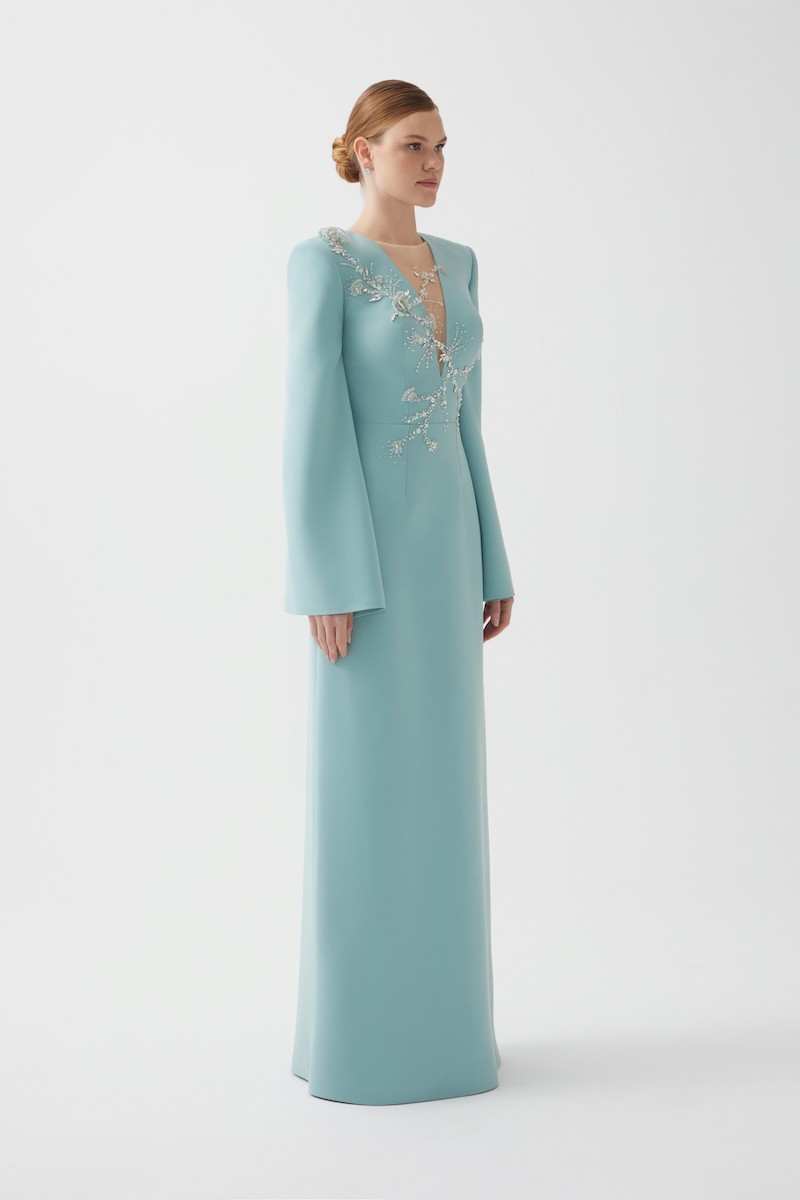 R101 - V-Neckline, Padded Shoulders, Hand-Embroidered Shoulder Details, Slit Ruffled Sleeves, Back Slit, A-Line, Full-Length Dress