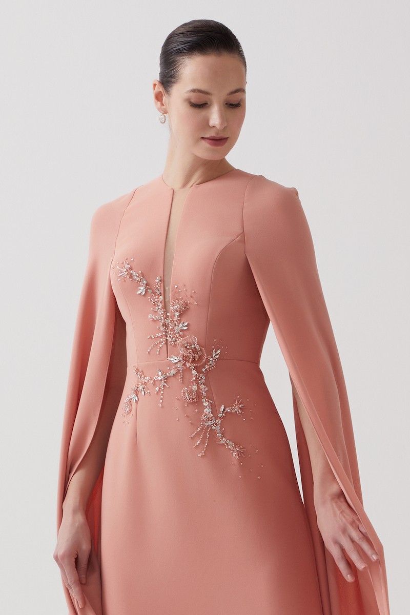 R102 - Deep V-Neckline, Long Cape Sleeves, Hand-Embroidered Front Detail, Back Slit, A-Line, Full-Length Dress