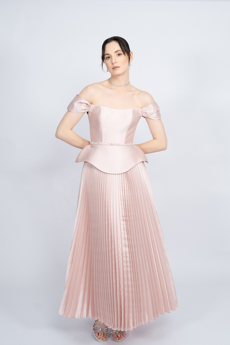 R52 - Boat Neck, Off-Shoulder, Corseted Bodice, Peplum Waist, Pleated Skirt, Detachable Embellished Belt, Maxi Dress