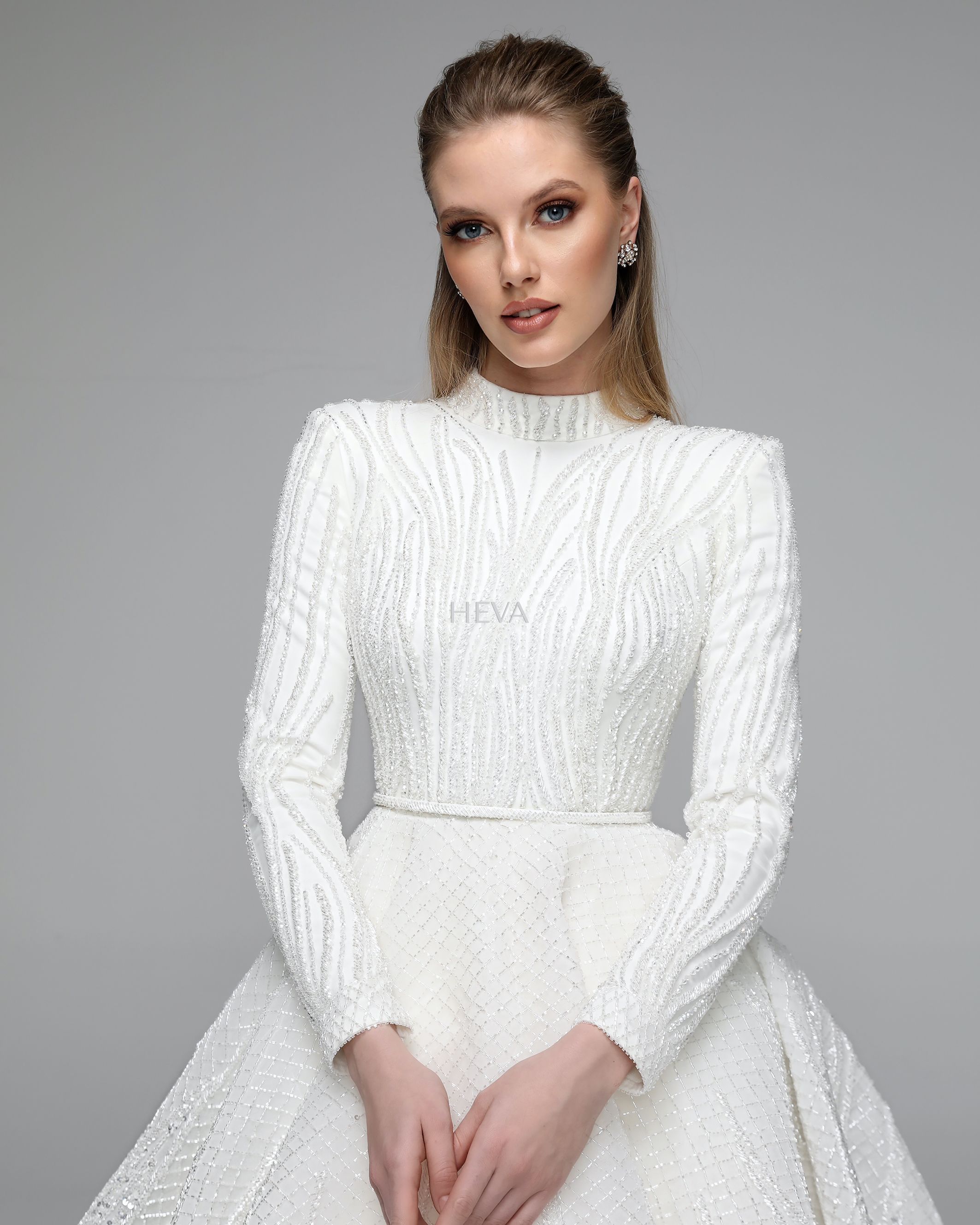 HV22014 - Special Design Patterning, Padded Shoulder Custom-Designed Wedding Gown with Long Sleeves, Neck, Corset-Body, Frilled Skirt, and Train