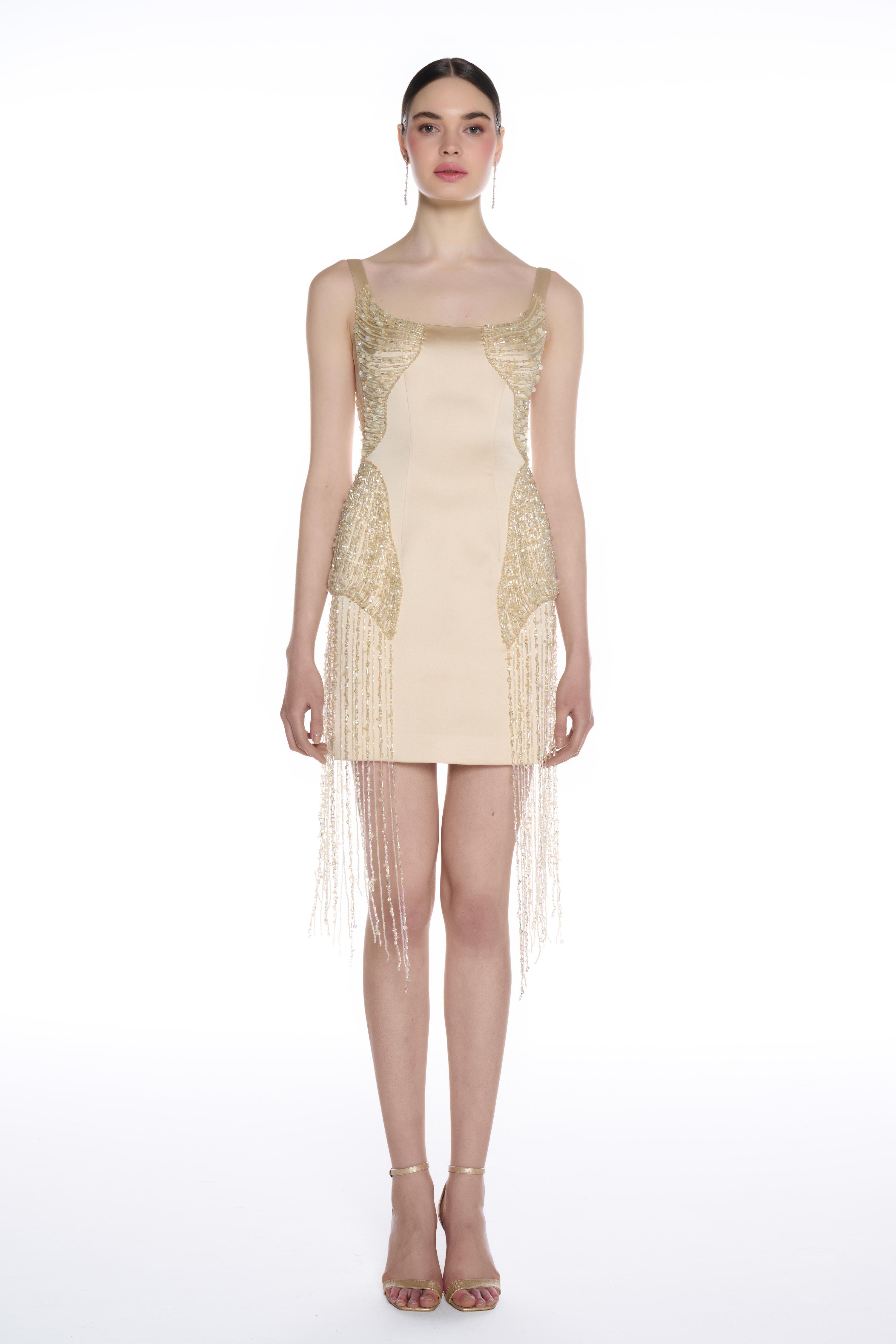 R34 - U-Neckline, Fully Crystal Beaded Bodice and Skirt, Handmade Beaded Fringed Hem, Mini Dress