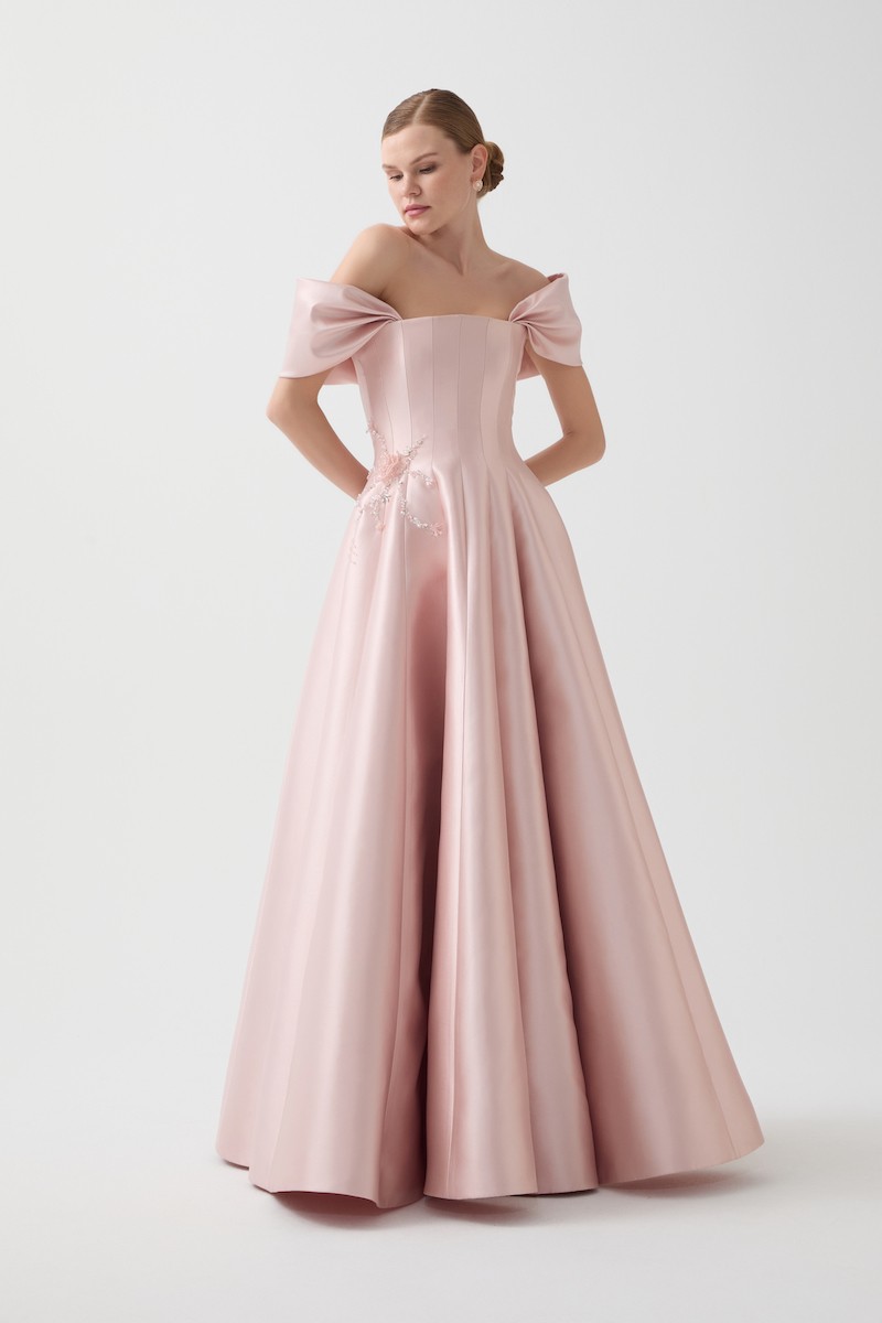 R122 - Strapless, Corset Bodice, Off-Shoulder Sleeves, Hand-Embroidered Front Details, Paneled Flared Cut, Full-Length Dress