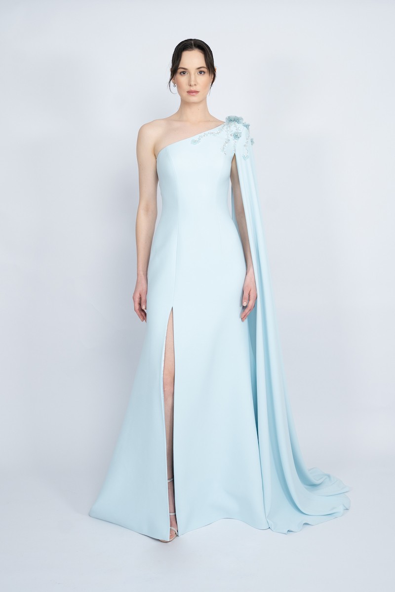 R59 - One Shoulder, Long Cape Shoulder, Padded, Front Slit, Hand-Embroidered, Mermaid Cut, Long Dress